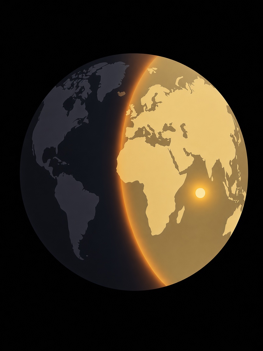 昼と夜で色分けされた世界地図