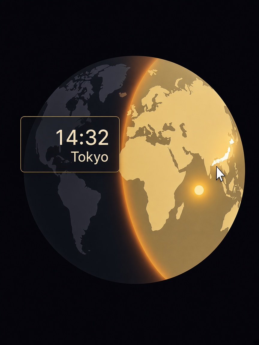 東京の現地時刻を示す地図のツールチップ